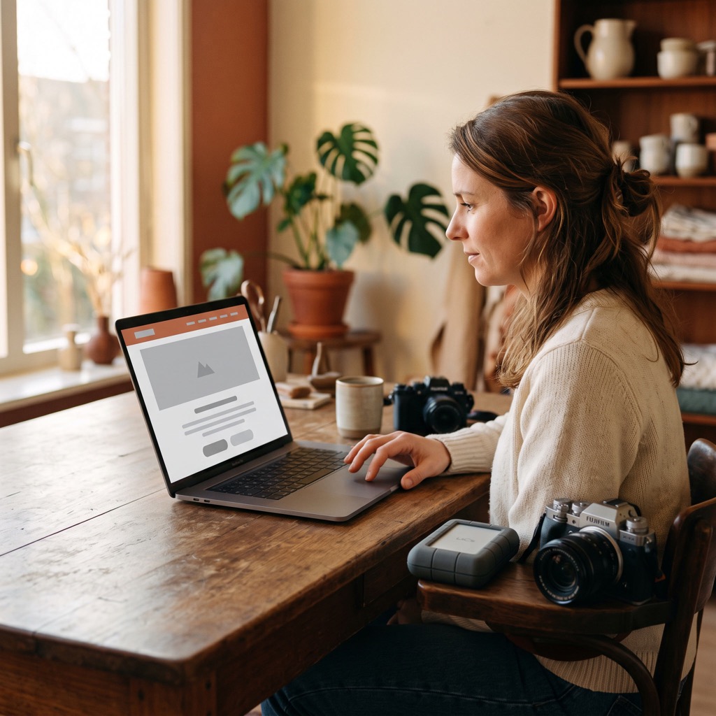 Ondernemer bekijkt de foto's op de eigen website op een laptop, met een camera en een externe schijf op het bureau