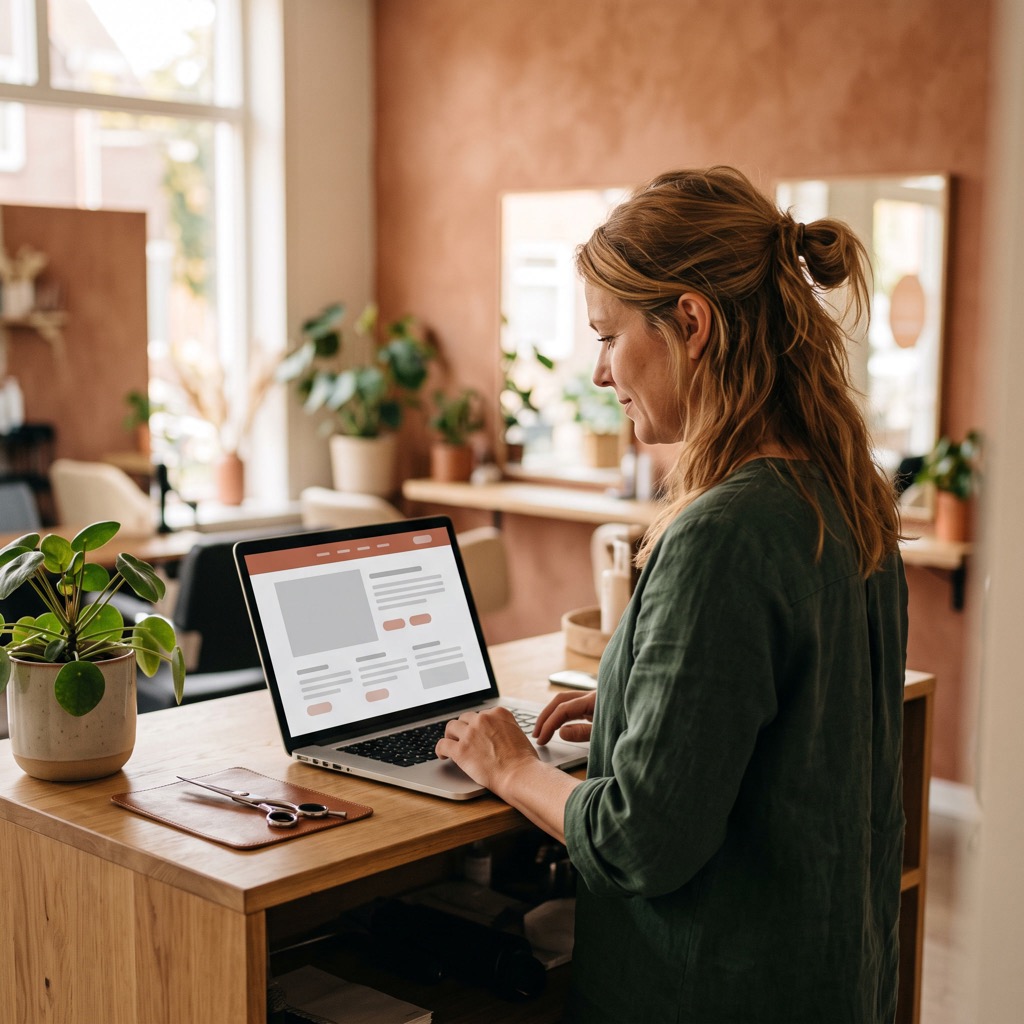 Onderneemster achter de balie van haar salon bekijkt haar eigen website op een laptop