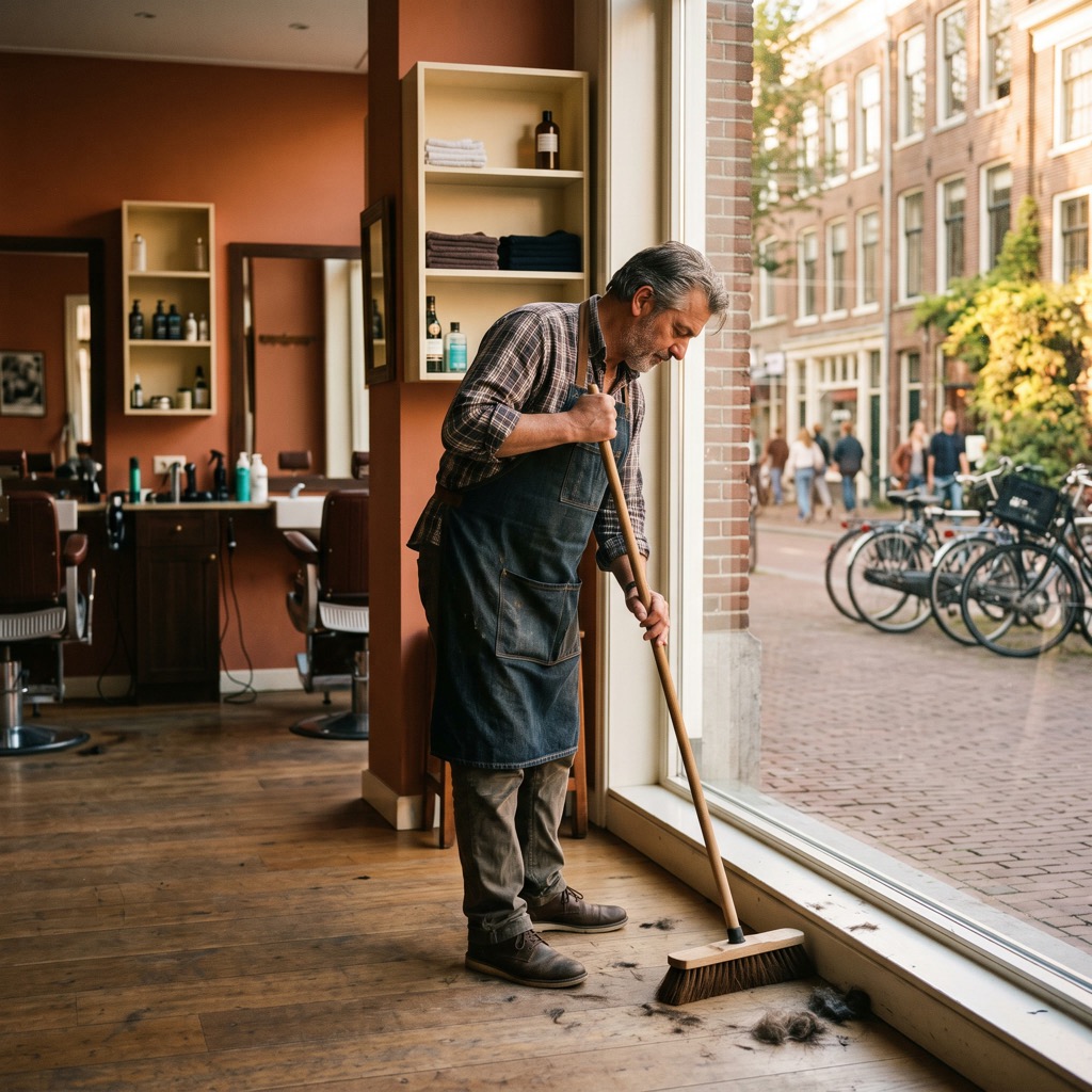 Kapper veegt de vloer in een kleine buurtzaak, met de stadsstraat zichtbaar door het raam