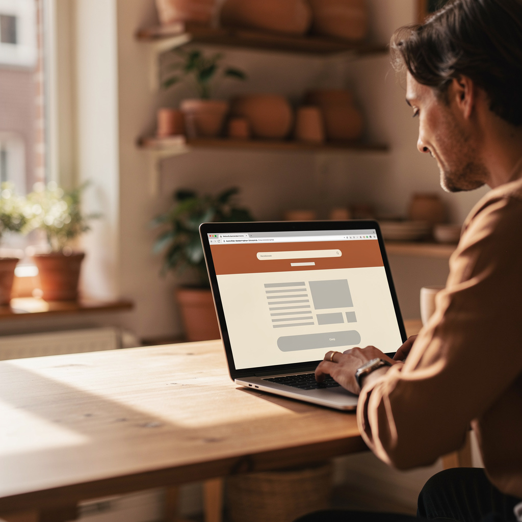 Ondernemer bekijkt statistieken en zoekresultaten op laptop in zijn werkplaats