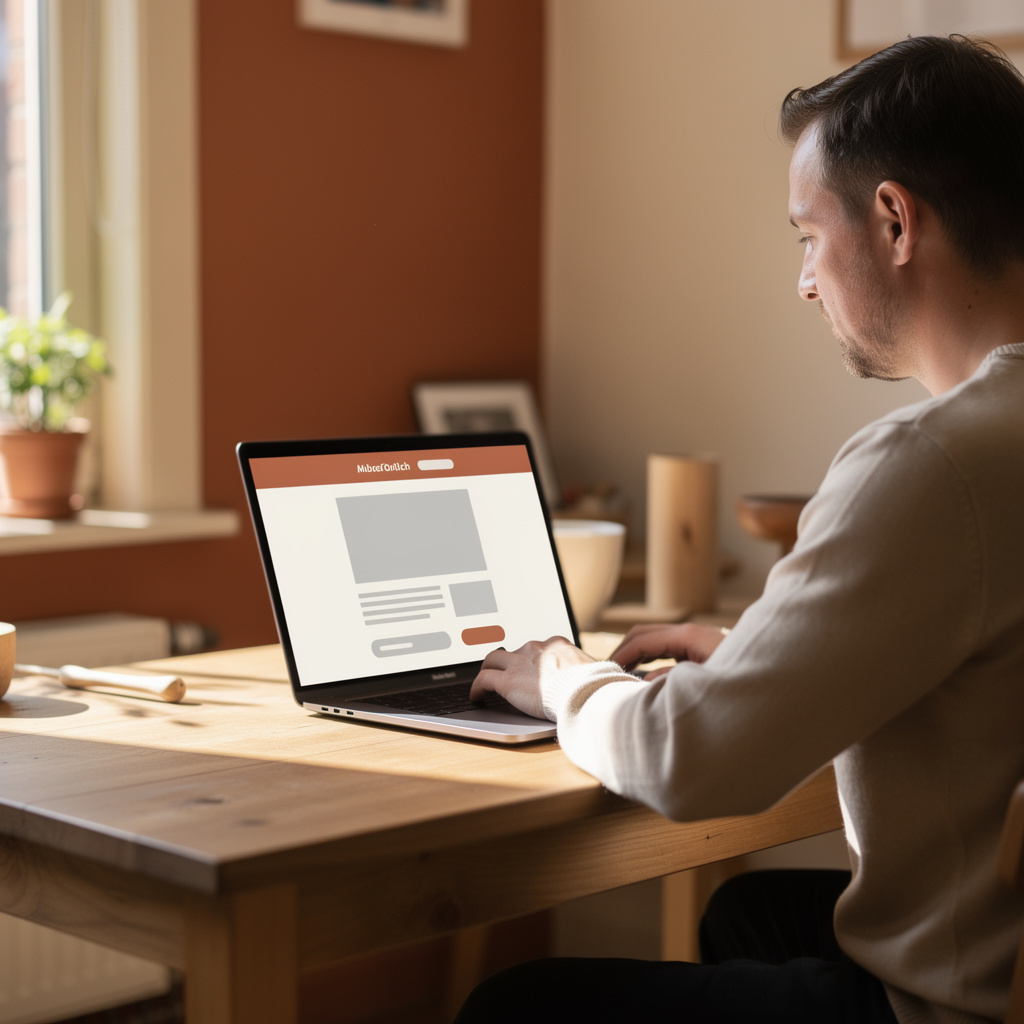Ondernemer bekijkt websitestatistieken op een laptop aan een houten bureau