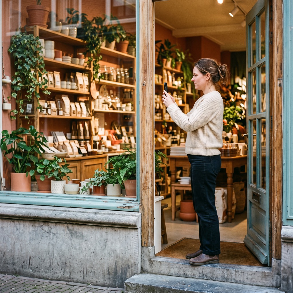 Ondernemer filmt met een telefoon de ingang van de eigen winkel