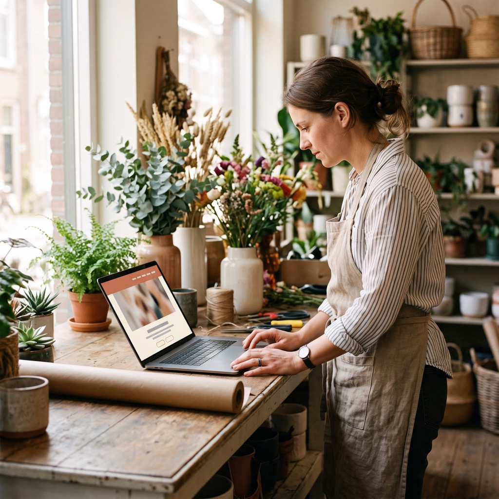 Ondernemer in haar bloemenwinkel bekijkt haar eigen website op een laptop op de toonbank
