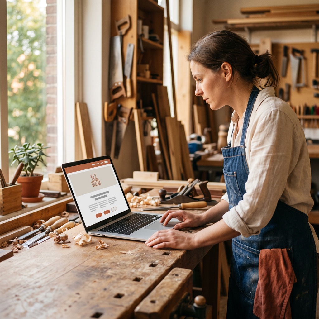 Ondernemer in haar werkplaats bekijkt haar eigen website op een laptop op de werkbank