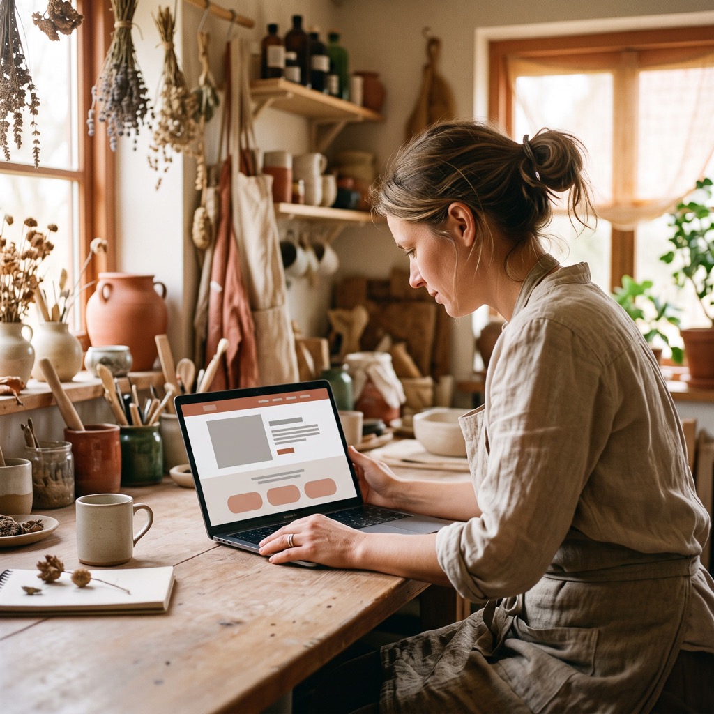 Ondernemer bekijkt de eigen website op een laptop op de werkbank in een lichte werkplaats.