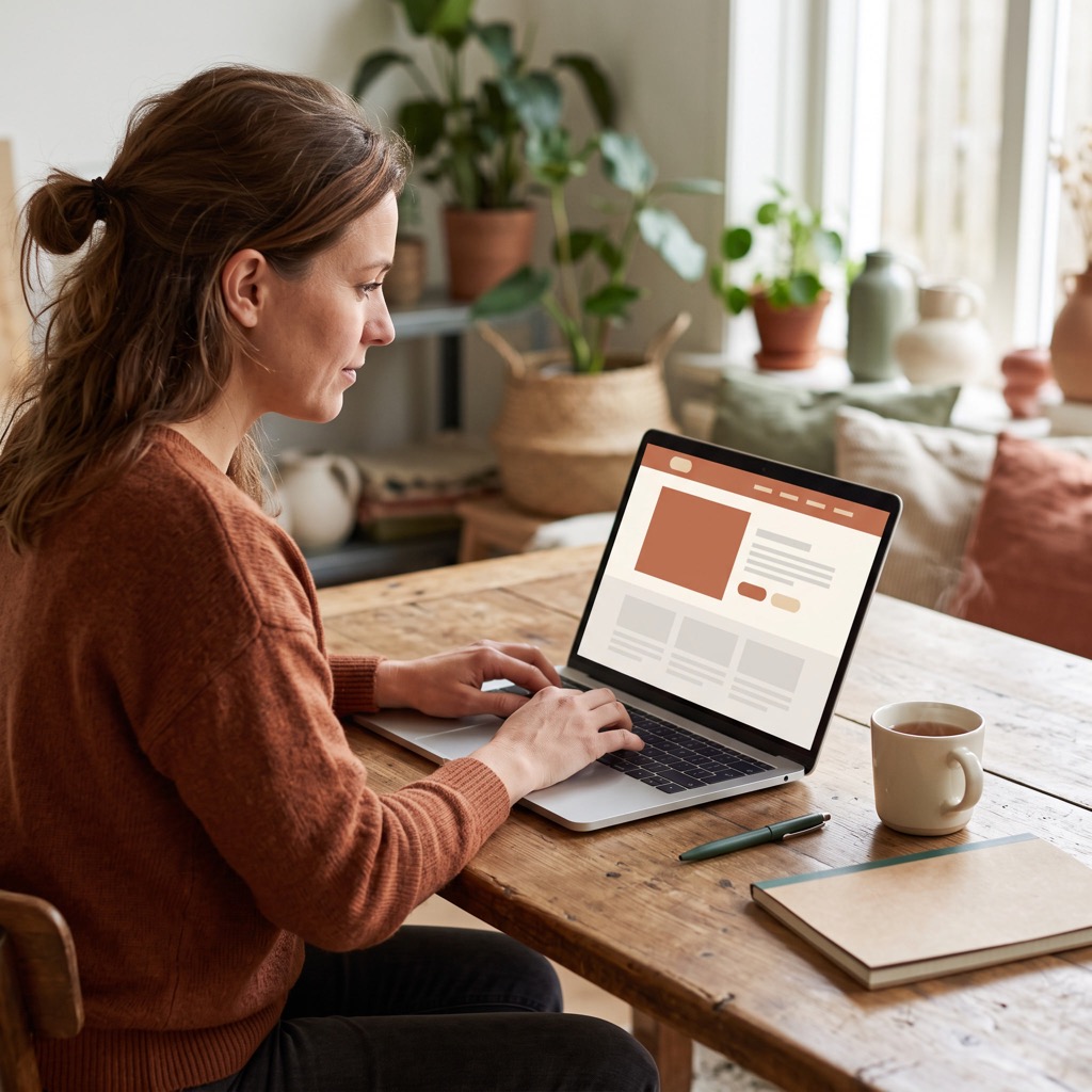 Ondernemer bekijkt van opzij de eigen website op een laptop aan een houten tafel in een lichte werkruimte