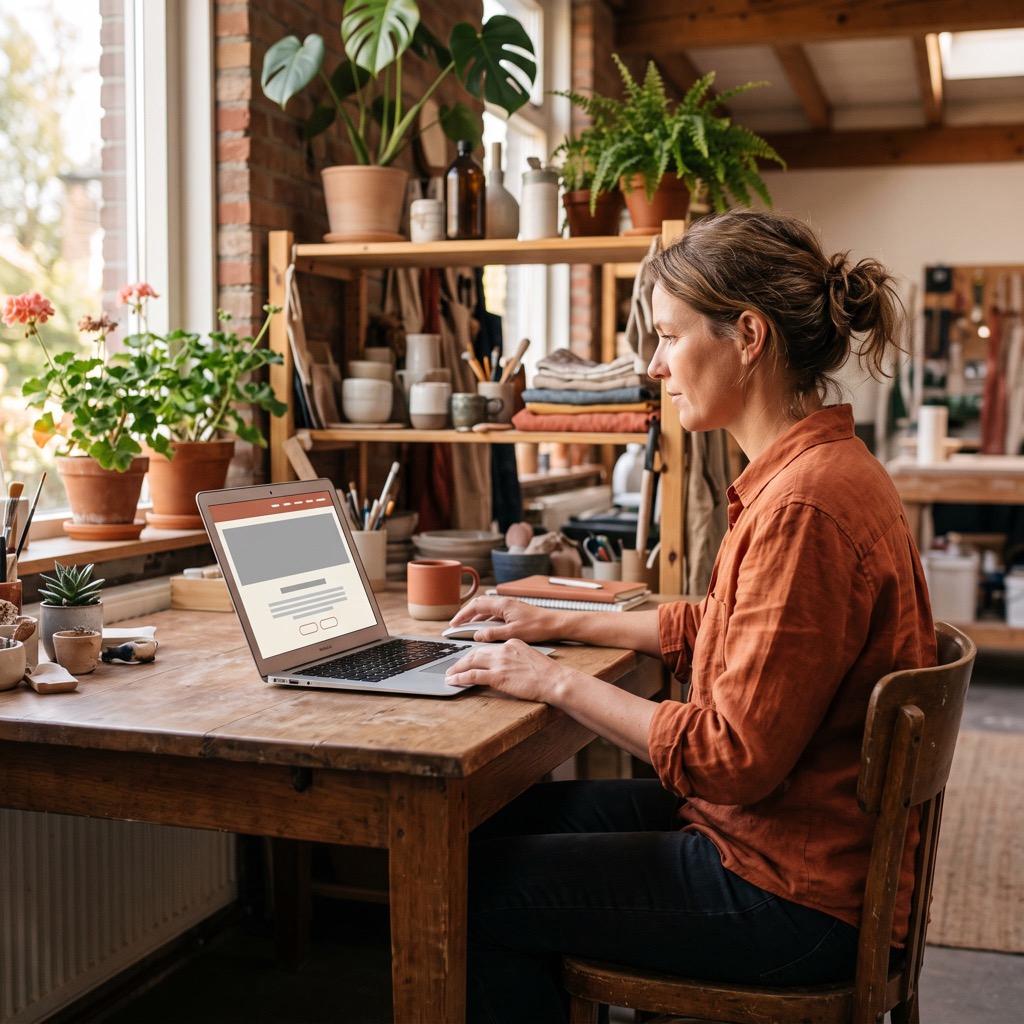 Onderneemster bekijkt haar eigen website op een laptop aan een houten bureau in haar werkplaats