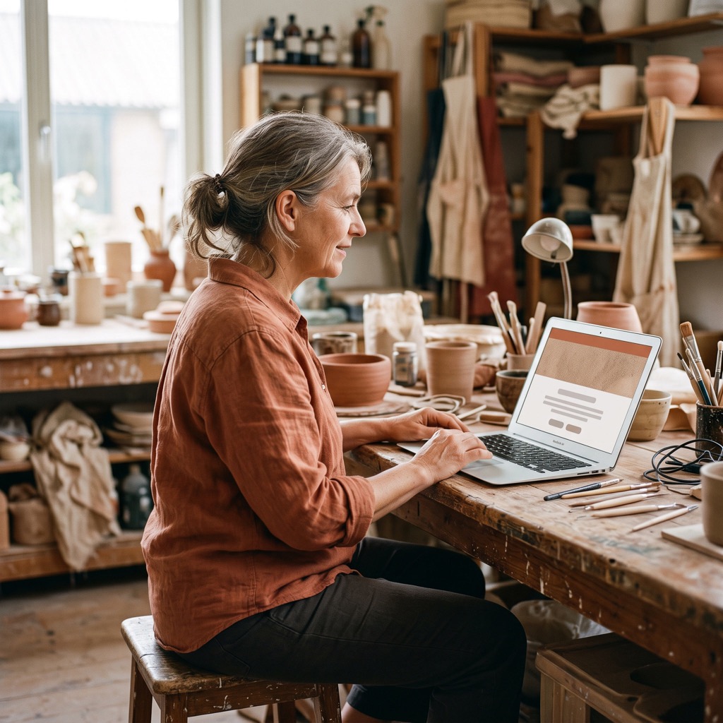 Ondernemer bekijkt de eigen website op een laptop in een werkruimte