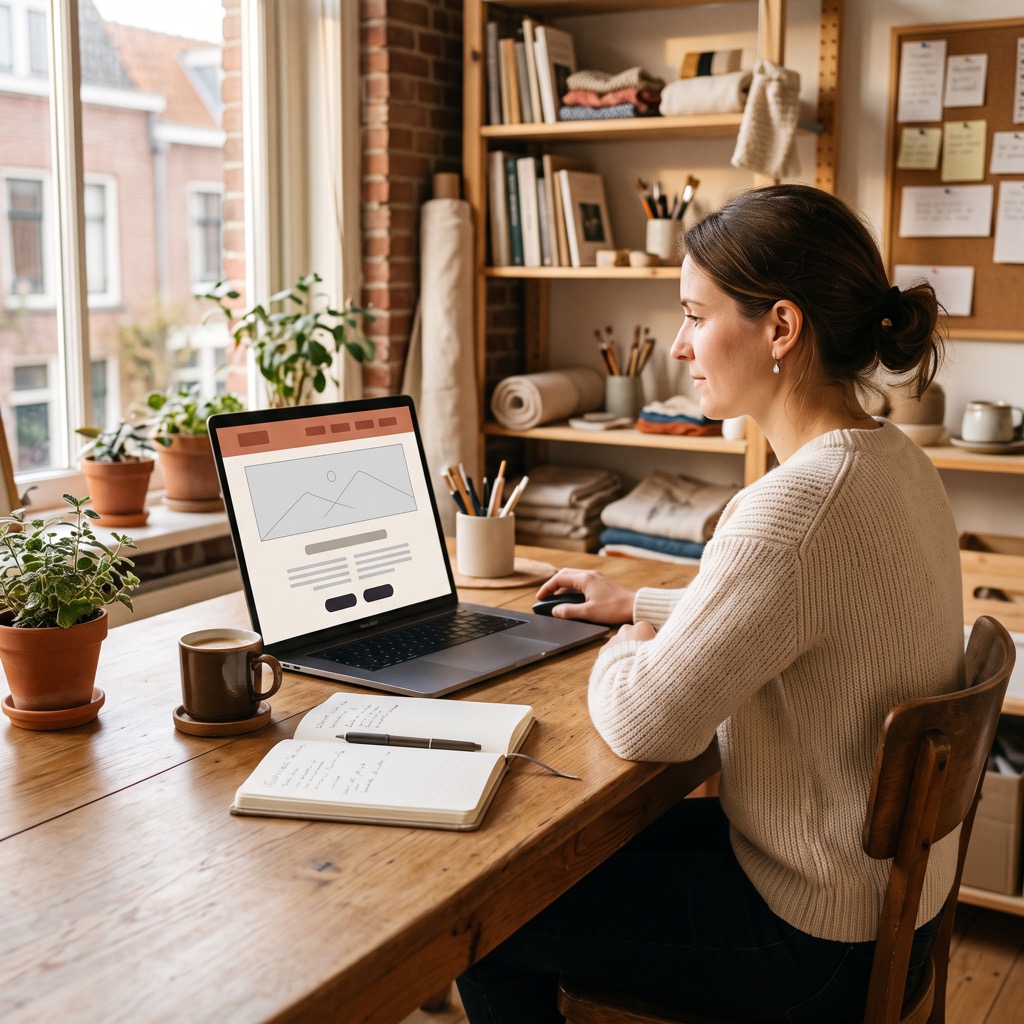Ondernemer aan een houten bureau bekijkt haar eigen website op een laptop in warm middaglicht