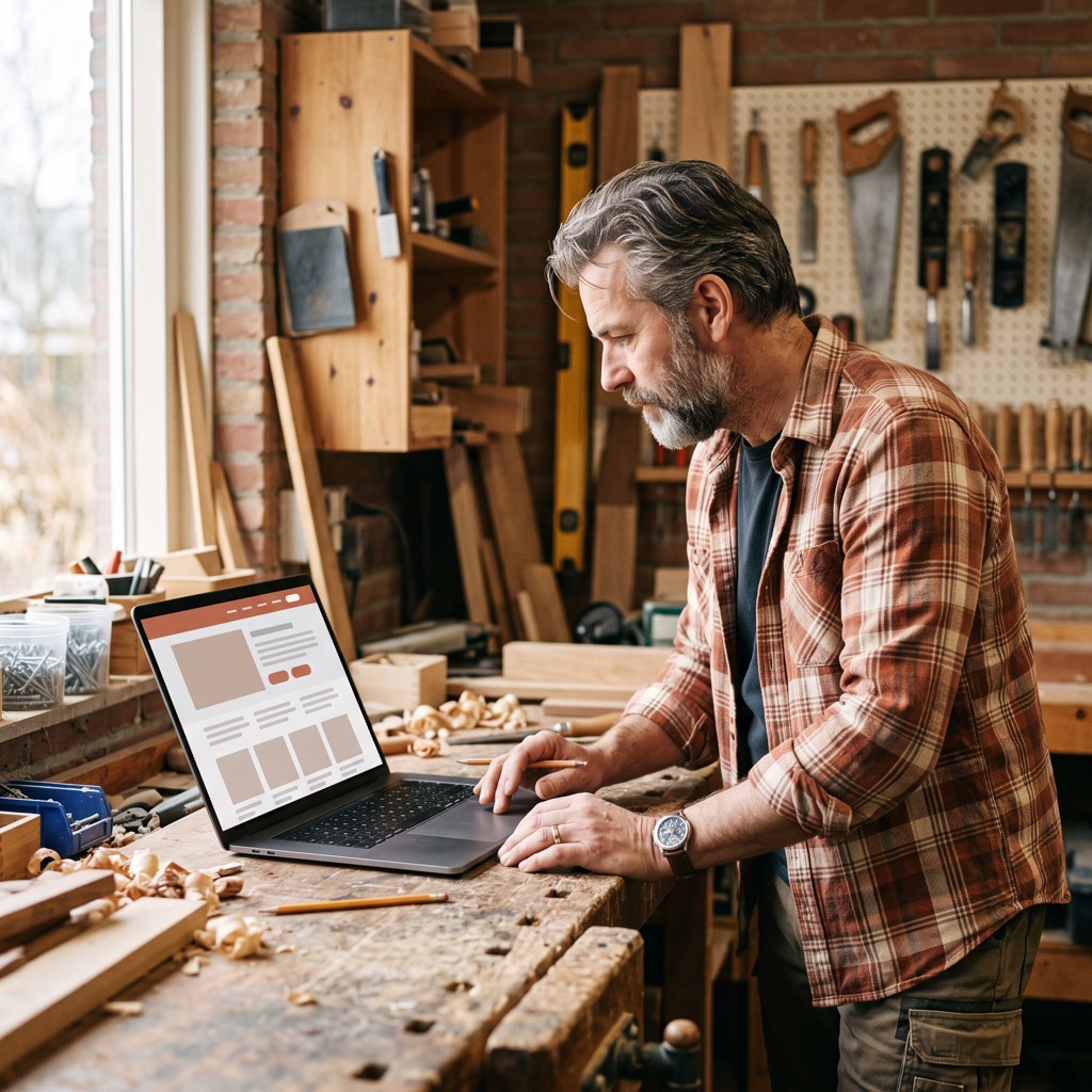Meubelmaker in zijn werkplaats bekijkt zijn eigen website op een laptop naast zijn gereedschap