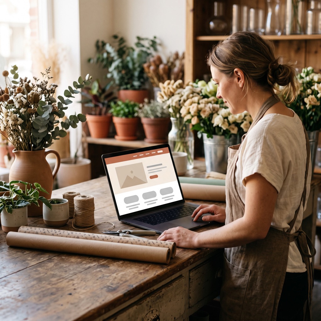 Ondernemer bekijkt de eigen website op een laptop achter de toonbank van een kleine winkel