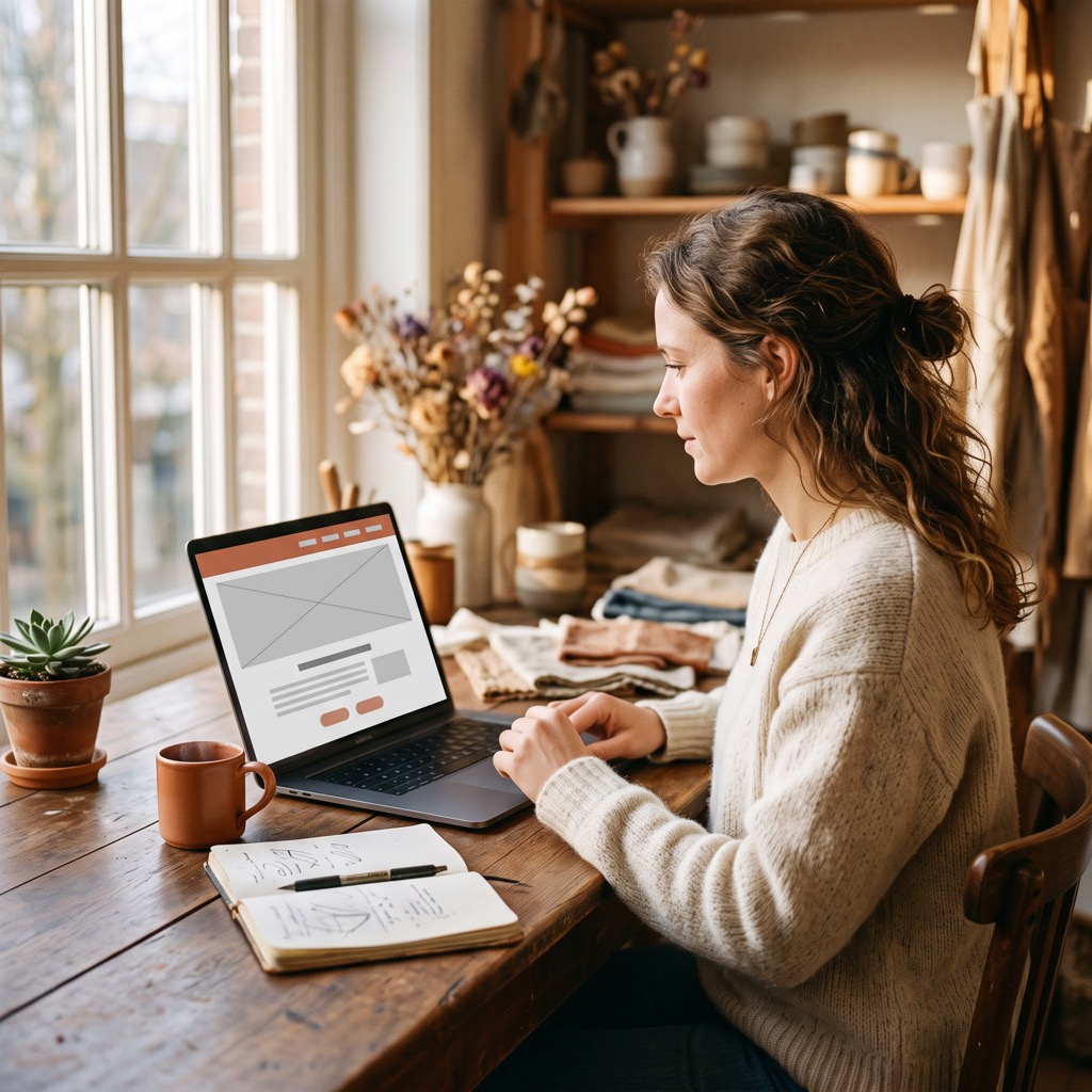 Ondernemer bekijkt het aanvraagformulier op haar website op een laptop aan een houten werktafel