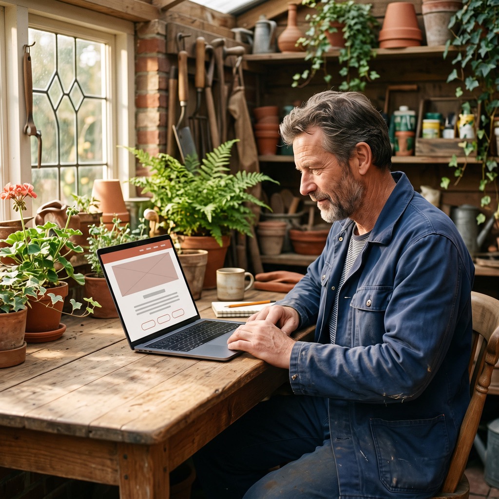 Ondernemer bekijkt de teksten op zijn eigen website op een laptop in een lichte werkruimte