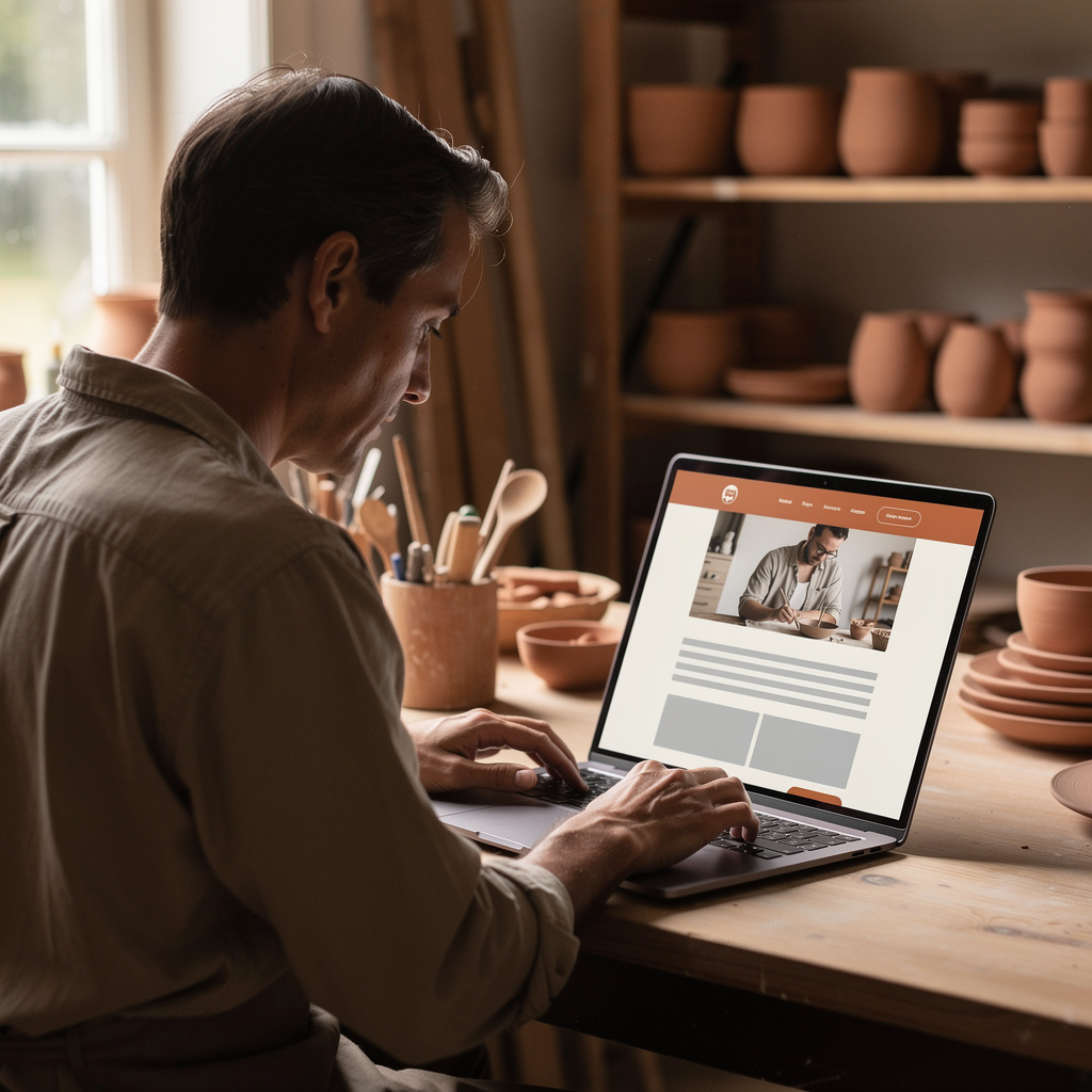 Ondernemer bekijkt de eigen website op een tablet in een werkplaats
