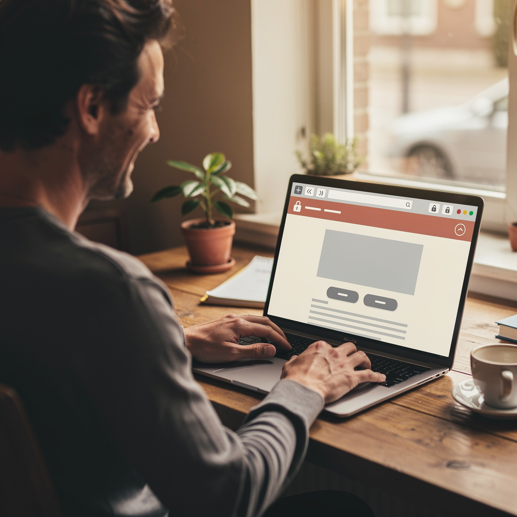 Ondernemer bekijkt bedrijfswebsite op laptop met beveiligingsslotje zichtbaar in de adresbalk