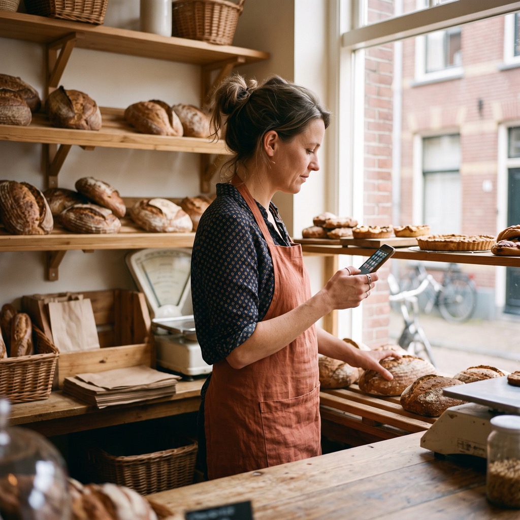 Winkelier achter de toonbank van een kleine bakkerij kijkt op haar telefoon in het ochtendlicht