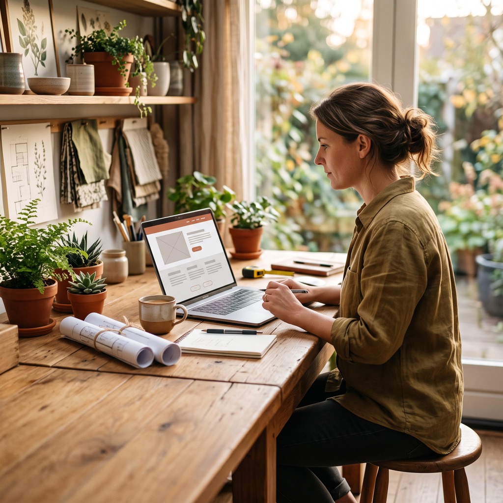 Tuinontwerper achter een werktafel bekijkt de eigen website op een laptop, met planten en schetsen om zich heen