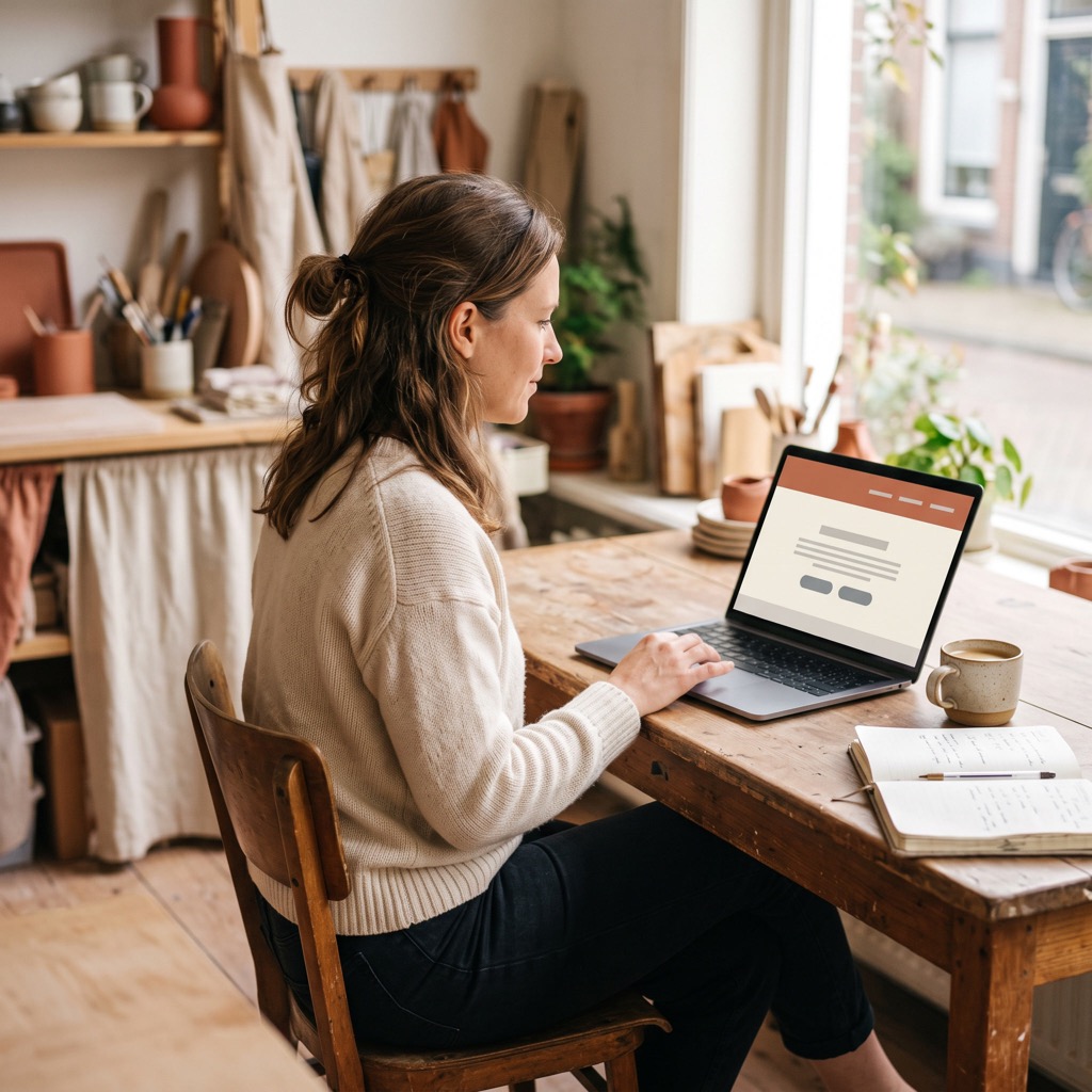 Ondernemer aan een houten werktafel bekijkt de eigen website op een laptop