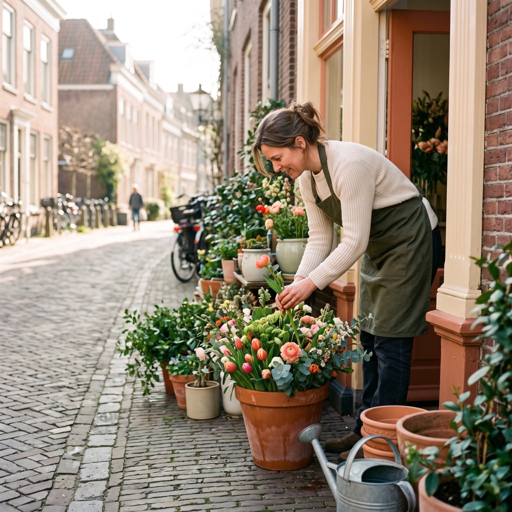 Bloemist zet buckets met bloemen klaar in de deuropening van haar winkel in de ochtendzon