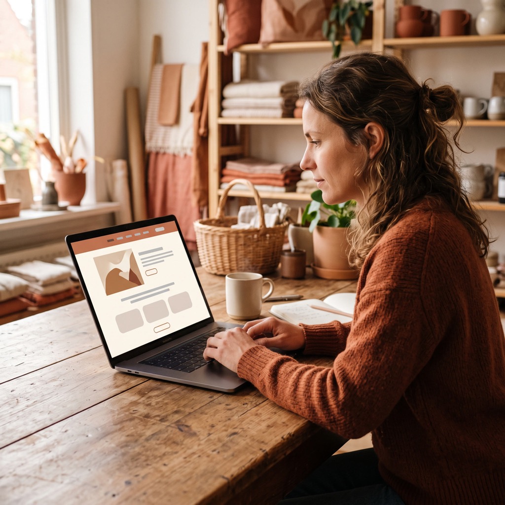 Ondernemer bekijkt aan een houten werktafel de eigen website op een laptop