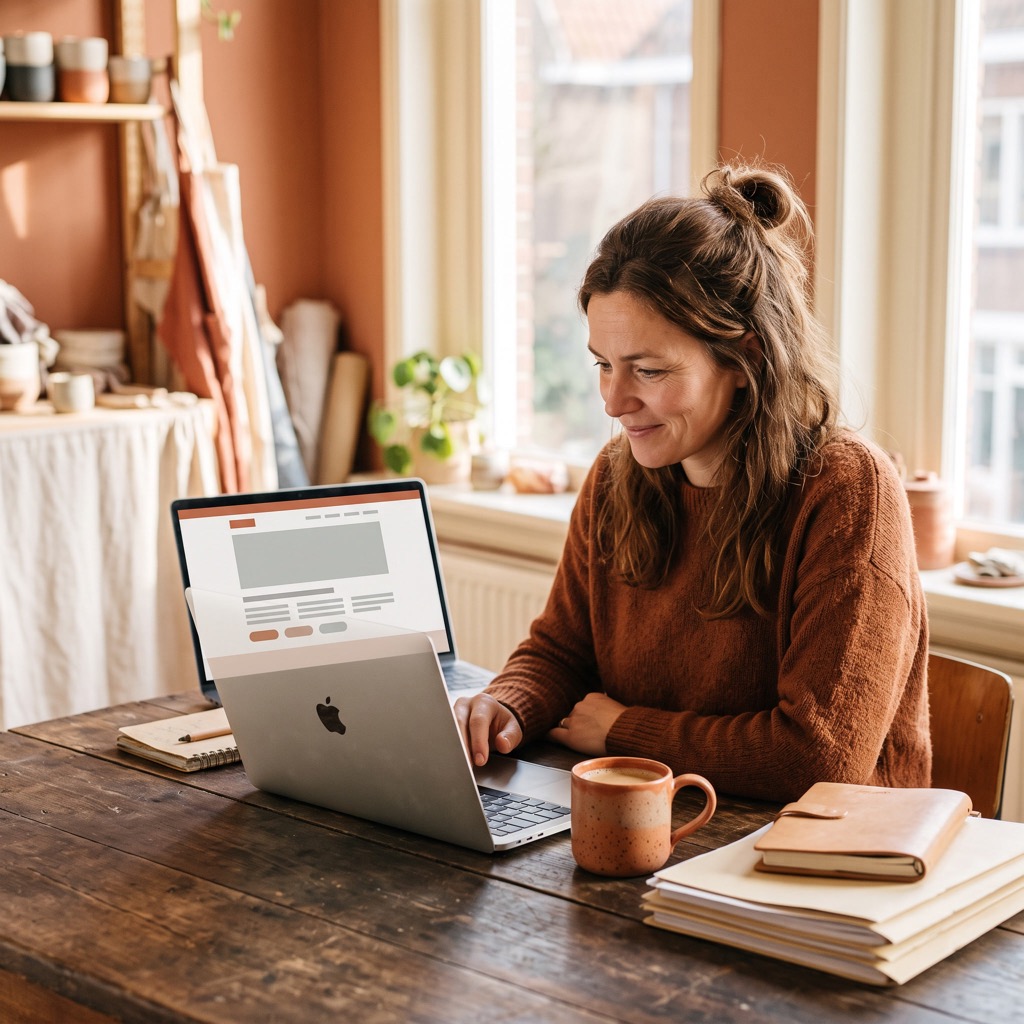 Ondernemer aan een houten bureau bekijkt de eigen website op een laptop, met papieren en een kop koffie ernaast