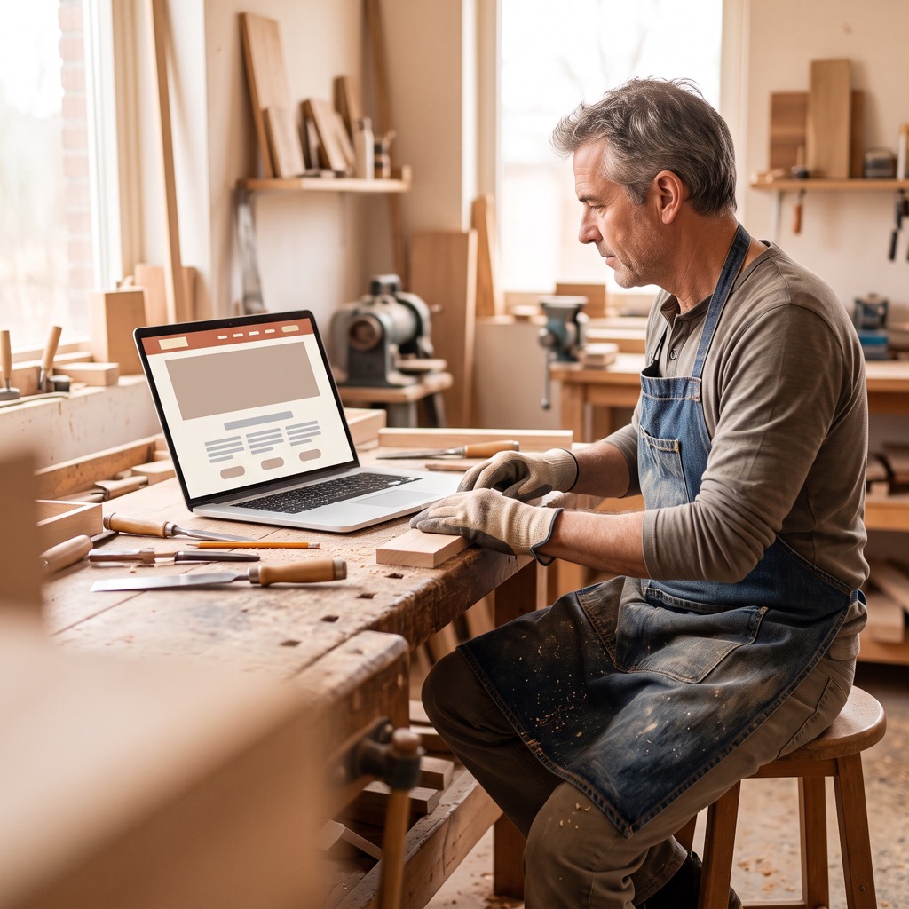 Ondernemer in zijn werkplaats kijkt naar zijn website op een laptop die schuin op de werkbank staat