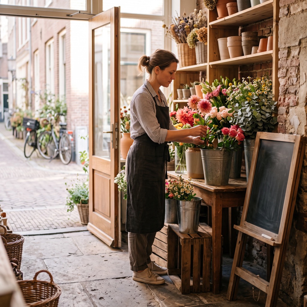 Bloemist zet van opzij gezien emmers met bloemen klaar bij de open deur van een kleine buurtwinkel in ochtendlicht