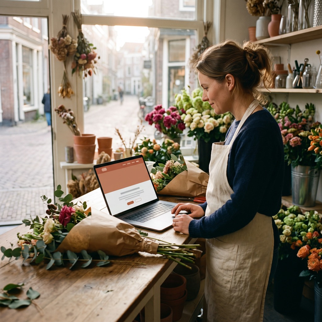 Bloemiste in haar winkel bekijkt haar eigen website op een laptop naast een werktafel met boeketten