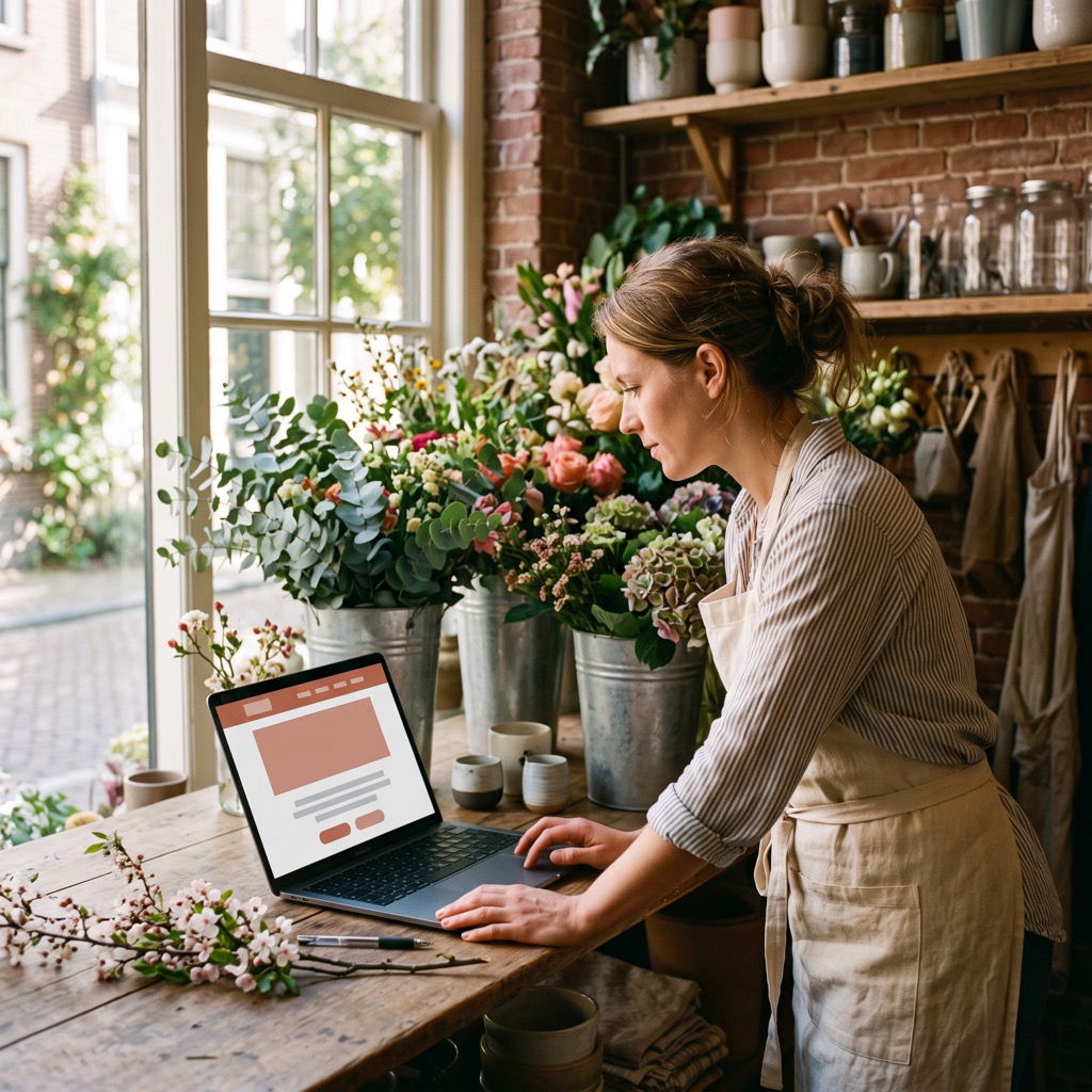 Bloemiste bekijkt haar nieuwe website op een laptop achter de toonbank van haar winkel