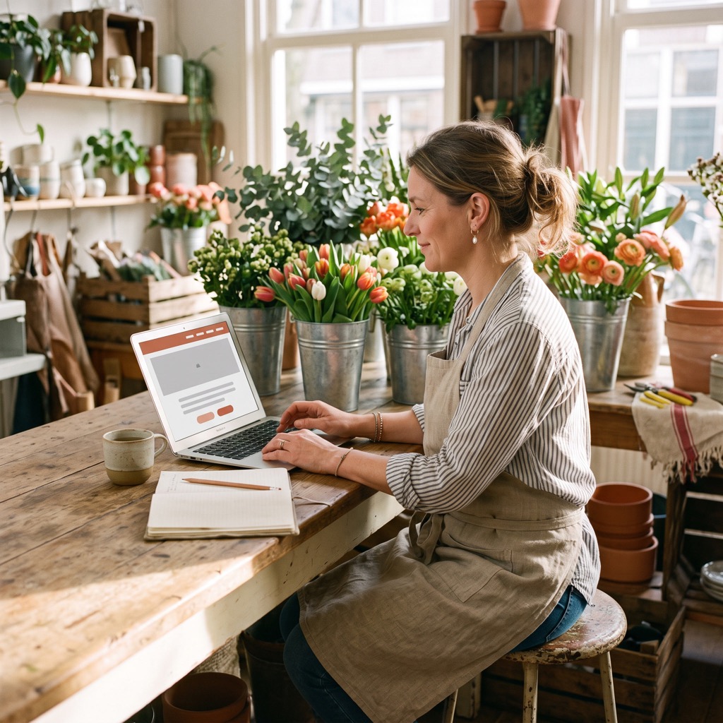 Bloemiste achter de toonbank van haar winkel bekijkt haar eigen website op een laptop