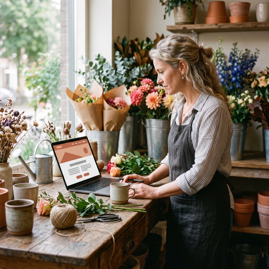 Ondernemer bekijkt de eigen website op een laptop aan de werkbank in een kleine bloemenwinkel