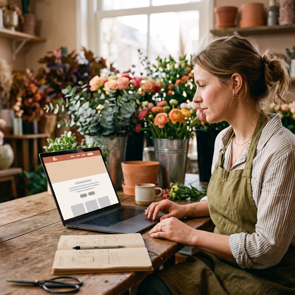 Bloemiste bekijkt haar eigen website op een laptop in haar winkel