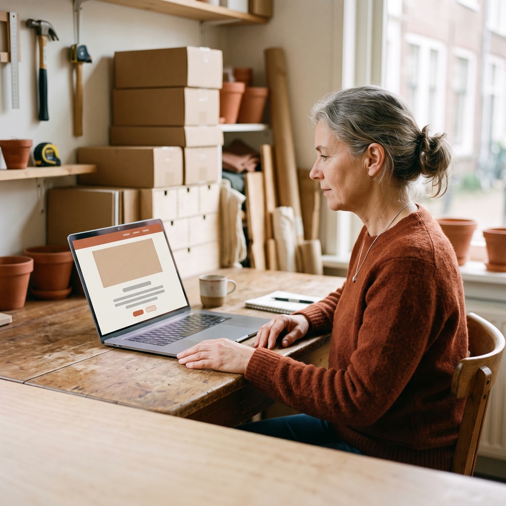 Ondernemer aan een houten bureau in een opgeruimde werkplaats kijkt naar de eigen website op een laptop