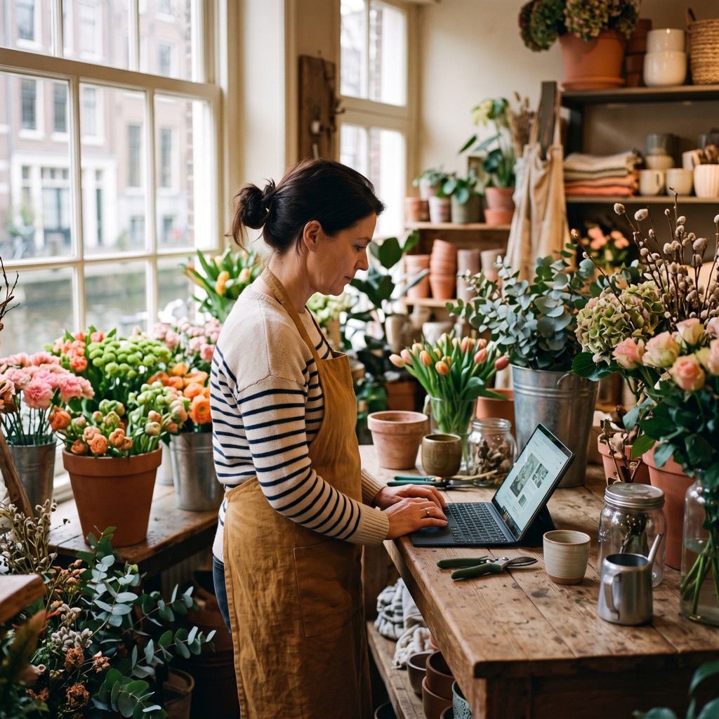 Ondernemer kijkt van opzij naar een laptop op de toonbank van een kleine bloemenwinkel