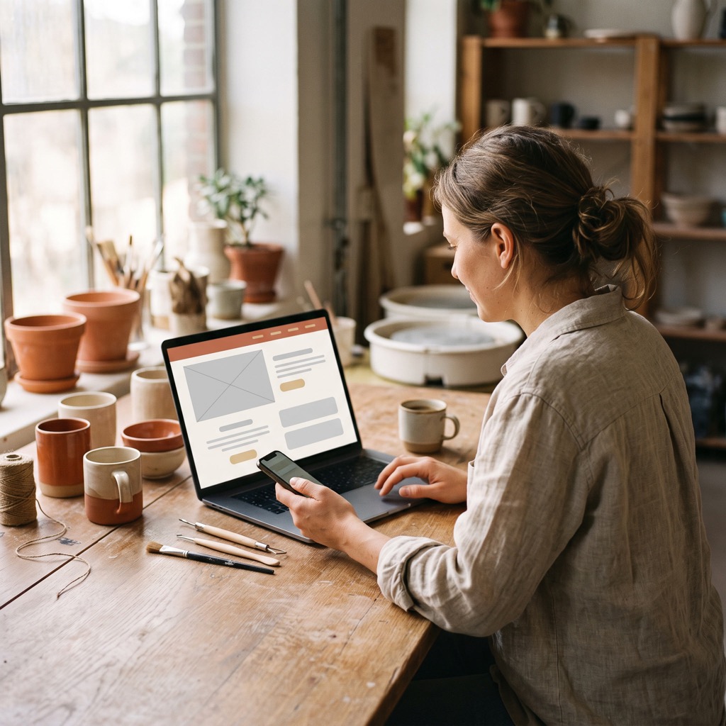 Ondernemer bekijkt de eigen website op een laptop met een telefoon in de hand