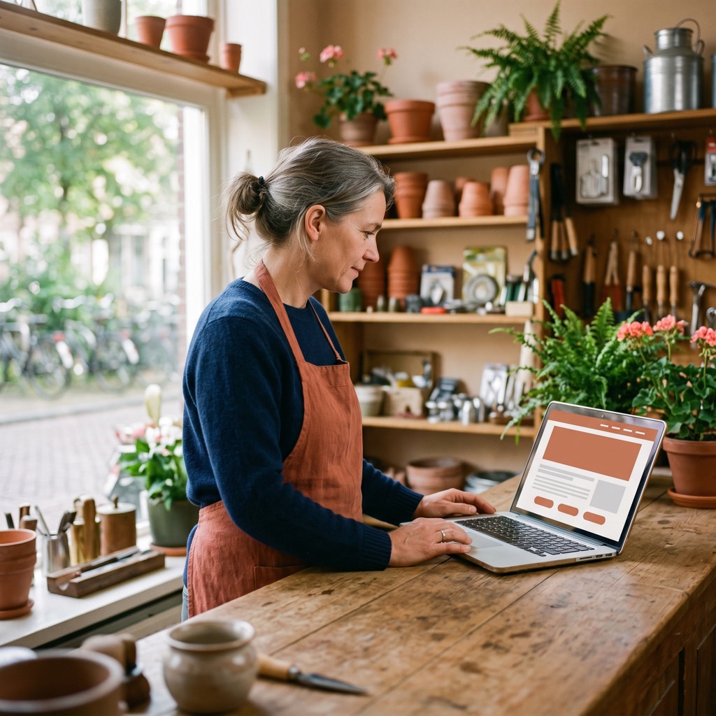 Winkelier achter de toonbank bekijkt de eigen website op een laptop
