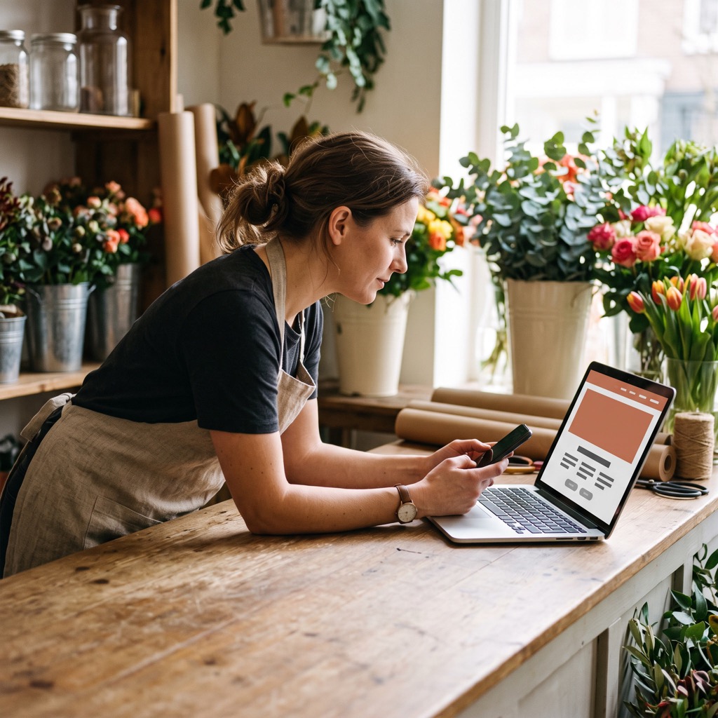 Ondernemer in haar bloemenwinkel kijkt met haar telefoon in de hand naar haar website op een laptop