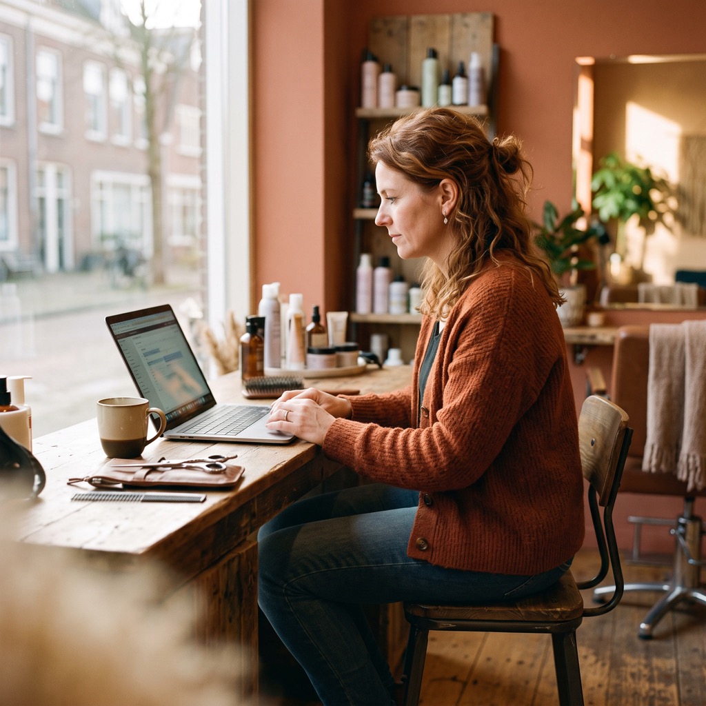 Kapster zit in haar salon bij daglicht en kijkt naar het scherm van haar laptop