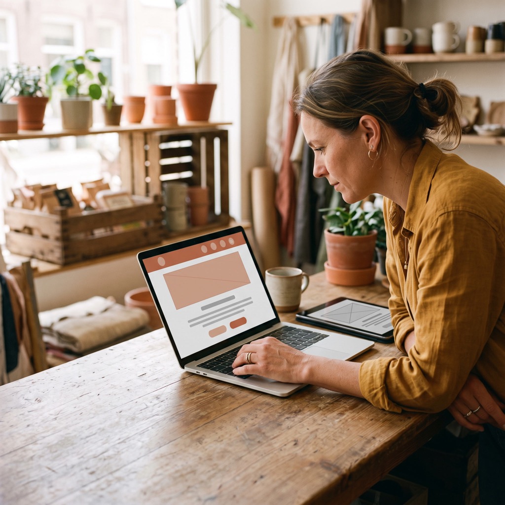 Ondernemer bekijkt de eigen website op een laptop op een houten werkblad, met een tablet ernaast