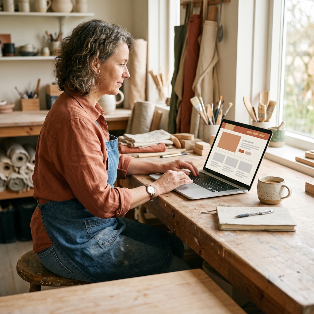Ondernemer aan een werkbank bekijkt zijn eigen website op een laptop