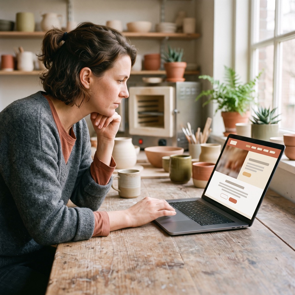 Ondernemer bekijkt de eigen website op een laptop in de werkplaats