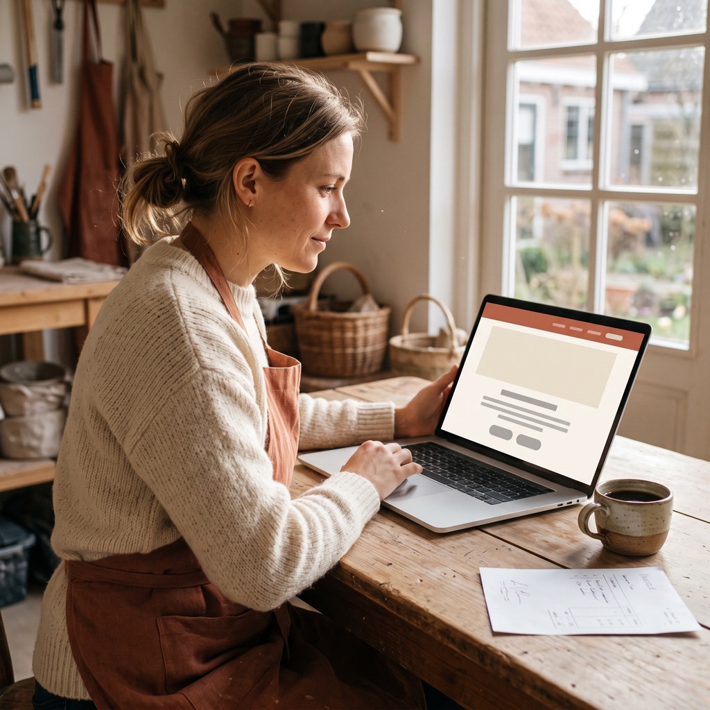 Ondernemer bekijkt van opzij de eigen website op een laptop, met een factuur en een kop koffie op tafel