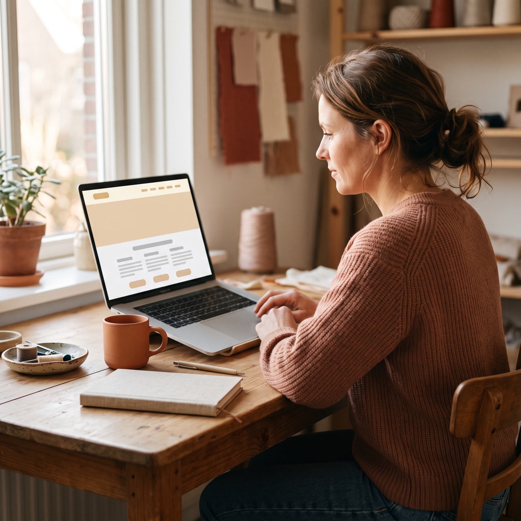 Ondernemer aan een werkbank kijkt van opzij naar haar eigen website op een laptopscherm in warm ochtendlicht