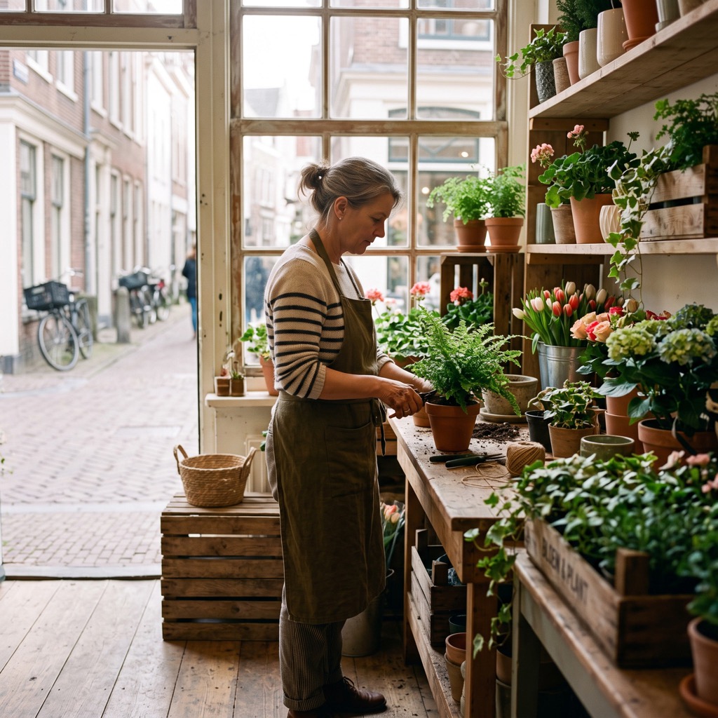 Bloemist zet potplanten klaar bij de ingang van een kleine buurtwinkel