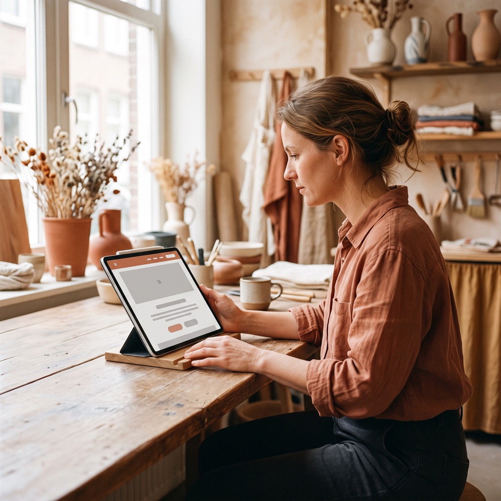 Ondernemer bekijkt de eigen bedrijfswebsite op een tablet aan de balie