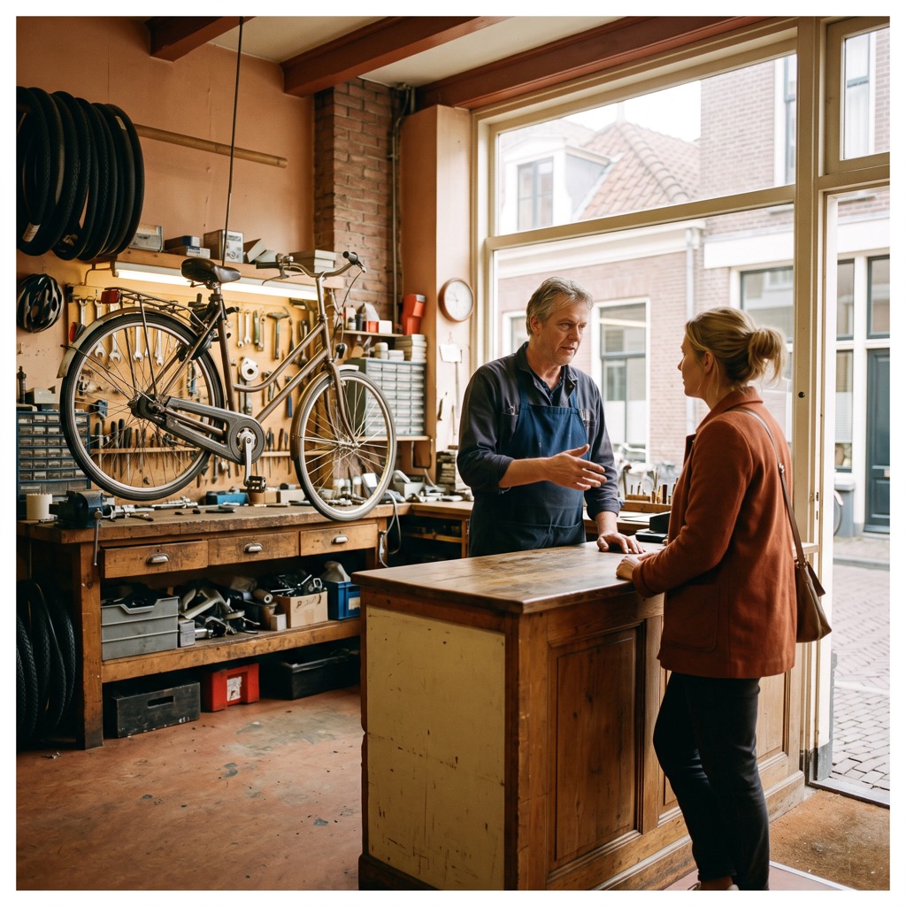 Fietsenmaker legt aan de balie rustig iets uit aan een klant in zijn werkplaats