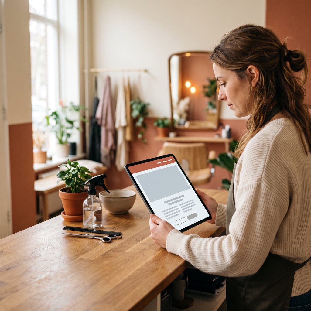 Kapster bekijkt de afsprakenpagina van haar eigen website op een tablet in haar salon