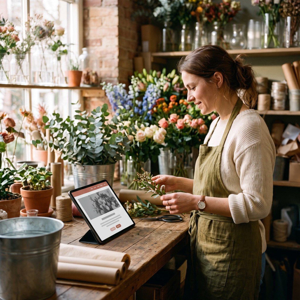 Bloemiste in haar winkel bekijkt haar eigen website op een tablet op de toonbank
