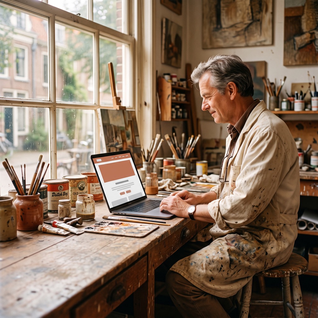 Schilder in zijn werkplaats kijkt op een laptop naar zijn eigen website, met verfblikken en kwasten op de werkbank