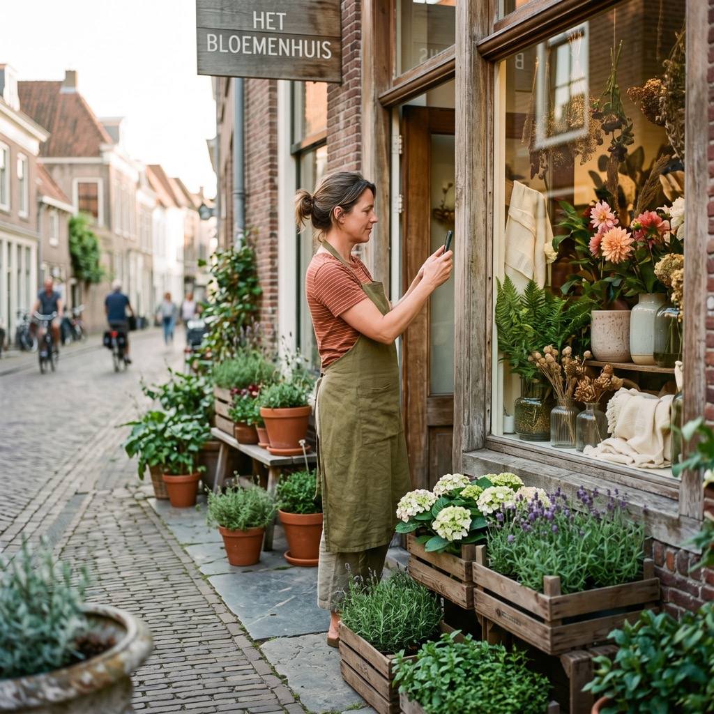 Ondernemer maakt met een telefoon een foto van de etalage van de eigen winkel in het middaglicht